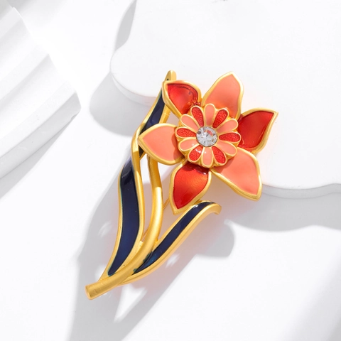 Vintage Orchid Brooch With Enamel And Rhinestone Alloy Flower Pin For Women Retro Floral Elegant Suit Coat Jewelry