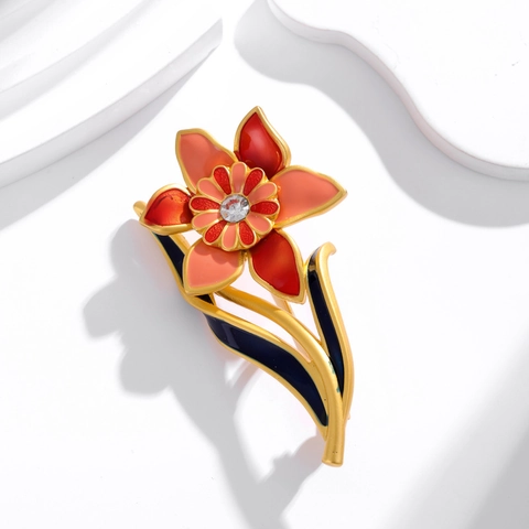 Vintage Orchid Brooch With Enamel And Rhinestone Alloy Flower Pin For Women Retro Floral Elegant Suit Coat Jewelry