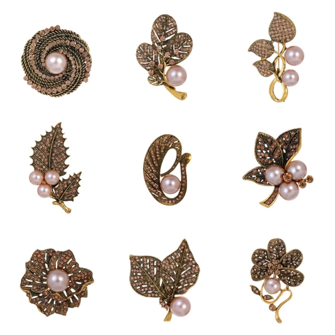 Vintage Alloy Rhinestone Flower Leaf Brooch For Women Men Elegant Faux Pearl Costume Jewelry Pin For Suits Coats Jackets Accessory