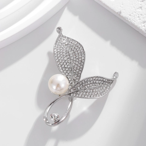 Broche de Aleación de Hoja Vintage Con Diamantes de Imitación y Perla Artificial de Imitación Elegante Alfiler Botánico para Mujer Accesorio de Abrigo Traje Boda Fiesta