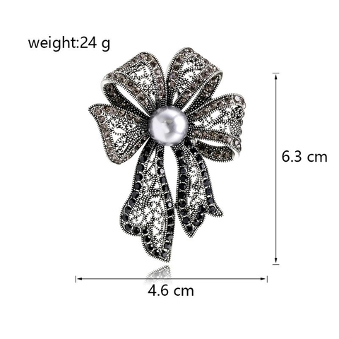 Vintage Alloy Bow Brooch For Women Antique Silver Hollow Design Rhinestone Artificial Pearl Pins Fashion Clothing Jewelry Accessories