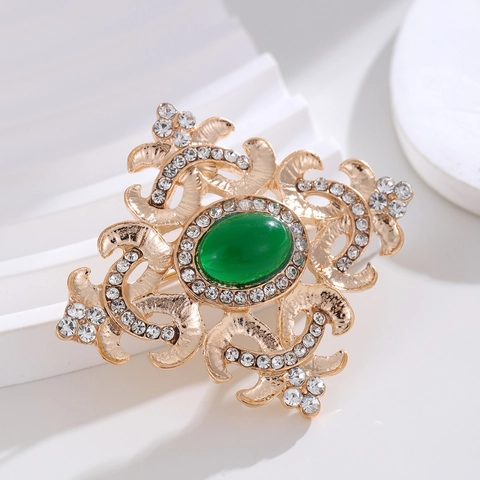 Vintage Barock Krone Brosche Anstecknadel Für Damen Vergoldete Legierung Grüner Harzstein Strass Luxuriöser Hochzeit Bankett Schmuck Zubehör