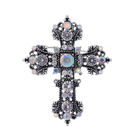 Spilla Croce Barocca Vintage Per Uomo Donna Argento Antico Lega Intarsiato Di Strass Stile Di Corte Accessori Gioielli