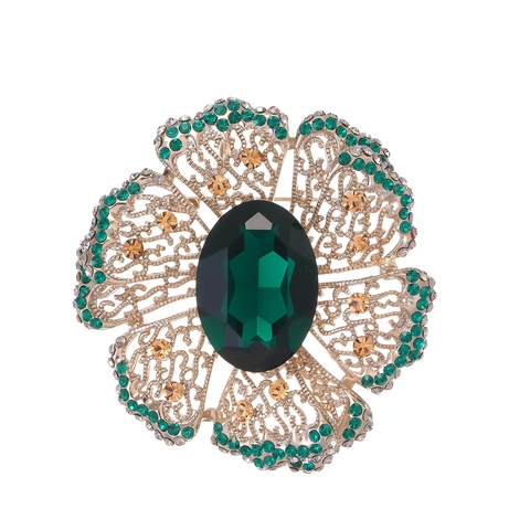 Vintage Green Rhinestone Hollow Flower Brooch For Women Elegant Crystal Floral Pin Wedding Party Jewelry Accessories