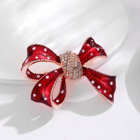 Red Polka Dot Enamel Bowknot Brooch For Women Rose Gold Plated Zinc Alloy Rhinestone Scarf Clip Pins Fashion Jewelry Accessory
