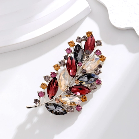 Spilla a Foglia in Strass Multicolore Vintage Lussuosa Spilla in Lega di Zinco Cristallo per Abito Cappotto Gioielli Donna Regalo