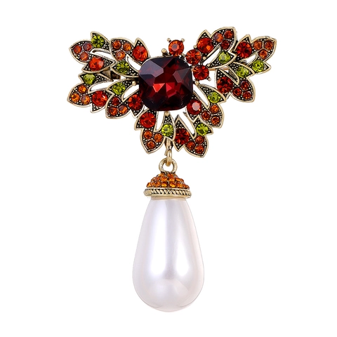 Baroque Vintage Alloy Rhinestone Flower Butterfly Brooch With Water Drop Faux Pearl Pendant For Wedding Party Women Jewelry