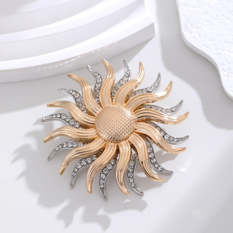 Spilla Vintage di Lusso a Forma di Girasole Bicolore in Lega di Zinco con Strass a Forma di Fuoco d'Artificio per Matrimonio Donna