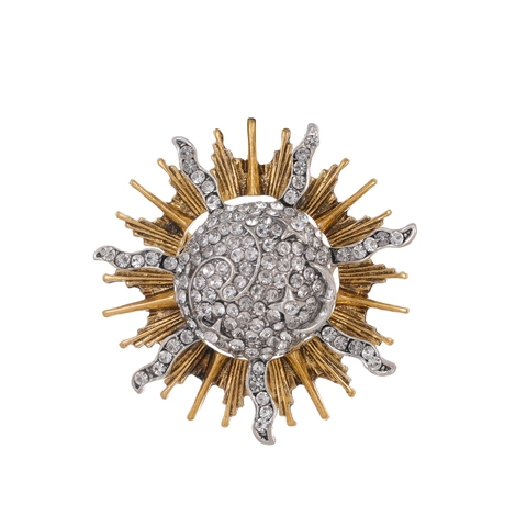 Broche Soleil Vintage pour Femmes Bicolore Or Argent Alliage Incrusté de Strass Style Palais Médiéval Épingle de Mode Bijoux Cadeau