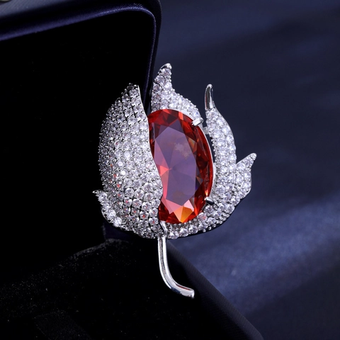 Elegant Copper Flower Brooch With Inlaid Zirconia Sophisticated Tulip Design Floral Suit Pin For Women Jewelry Gift