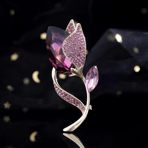 Elegante Spilla a Forma di Tulipano in Rame con Zirconia Viola Cristallo Fiore Spilla per Donna Gioielli di Lusso per Banchetti