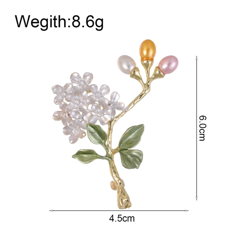 Elegant Alloy Hydrangea Flower Brooch With Enamel Green Leaves And Synthetic Artificial Pearl Accents Vintage Corsage Pin For Women