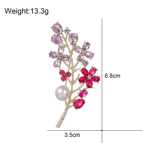 Elegante Broche de Aleación de Zinc Dorado Forma de Rama Flor con Estrás Rosa y Gran Perla Artificial Blanca para Mujer
