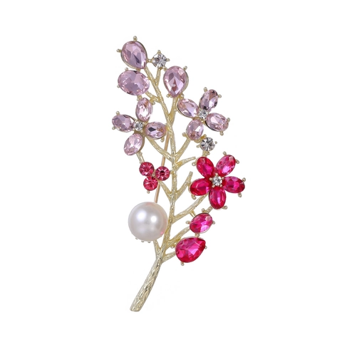 Elegante Broche de Aleación de Zinc Dorado Forma de Rama Flor con Estrás Rosa y Gran Perla Artificial Blanca para Mujer