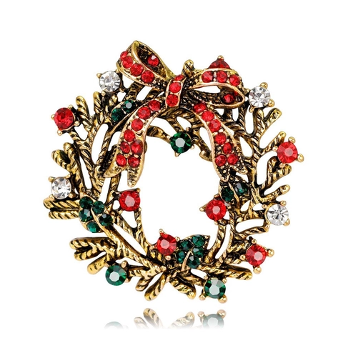 Vintage Kerstkrans Broche Pin Rood Groen Strass Legering Strik Broche Voor Vrouwen Feestelijke Partij Sieraden Geschenk