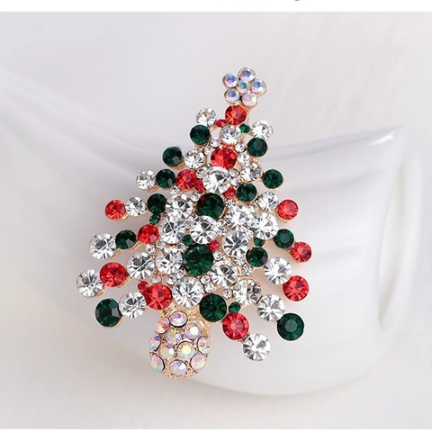 Broche Sapin de Noël en Alliage Plaqué Or avec Strass pour Femme Bijou en Cristal Rouge Vert Blanc pour Fête Cadeau