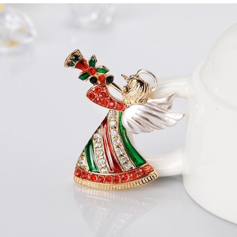 Christmas Angel Brooch With Rhinestones And Enamel Alloy Blowing Horn Angel Breastpin For Women Men Christmas Gift Jewelry