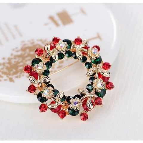 Vintage Kerstkrans Brosche Legering Rood Groen Strass Bloem Krans Pin Voor Dames Heren Kerstfeest Decoratie Cadeau Sieraden