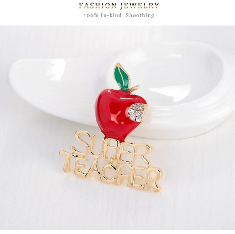Super Teacher Red Apple Brooch Gold Alloy Rhinestone Pin For Teachers Day Appreciation Graduation Gift Women Jewelry