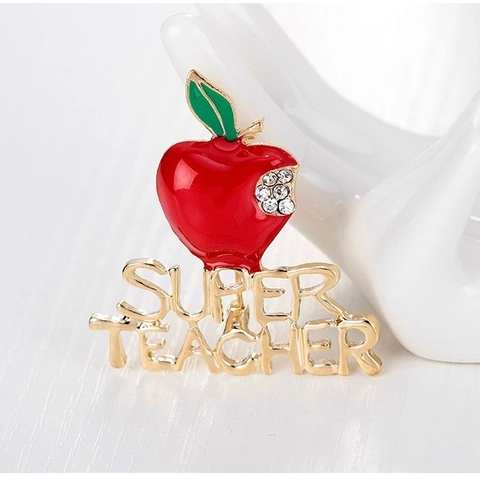 Super Teacher Red Apple Brooch Gold Alloy Rhinestone Pin For Teachers Day Appreciation Graduation Gift Women Jewelry