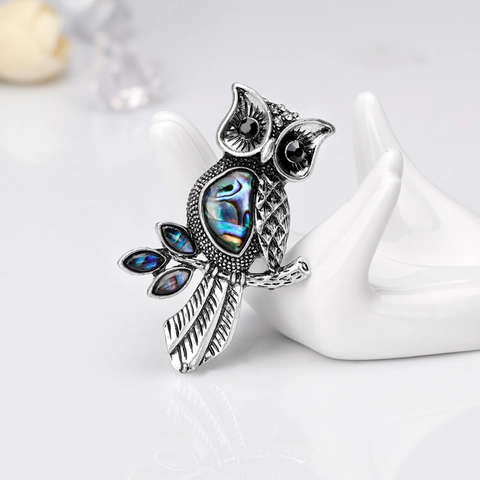 Vintage Zinc Alloy Owl Brooch With Natural Abalone Shell Inlay Crystal Eyes Retro Animal Corsage Pin Jewelry For Women