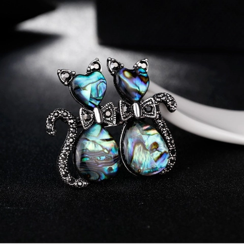 Vintage Abalone Shell Double Cat Brooch Alloy Black Rhinestone Bowtie Pin For Women Men Fashion Animal Apparel Accessory