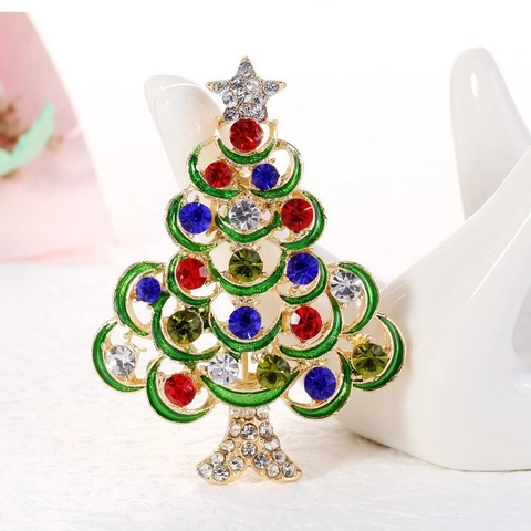 Vintage Alloy Rhinestone Christmas Tree Brooch Enamel Colorful Crystal Dual-Use Pendant Pin Festive Holiday Party Jewelry