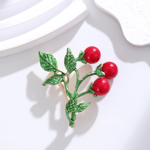 Broche de Fruta Cereza Vintage para Mujer Aleación de Zinc Esmalte Rojo Decoración de Diamantes de Imitación Joyería de Moda Regalo para Banquete