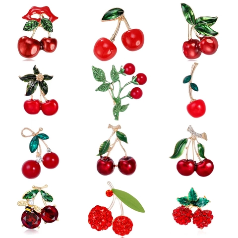 Broche de Fruta Cereza Vintage para Mujer Aleación de Zinc Esmalte Rojo Decoración de Diamantes de Imitación Joyería de Moda Regalo para Banquete