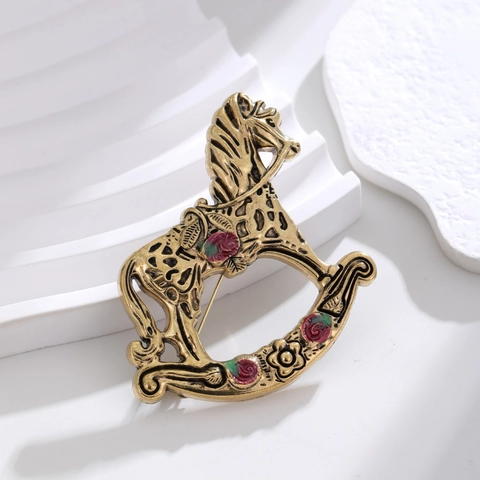 Vintage Antique Gold Rocking Horse Brooch Zinc Alloy Enamel Rose Flower Pin Suit Jacket Corsage Accessory Jewelry Gift
