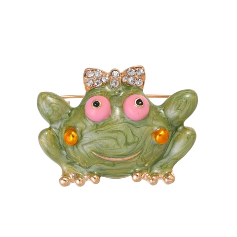 Vintage Enamel Frog Brooch Pin With Rhinestone Bow Zinc Alloy Green Animal Corsage For Women Men Suit Accessory Jewelry