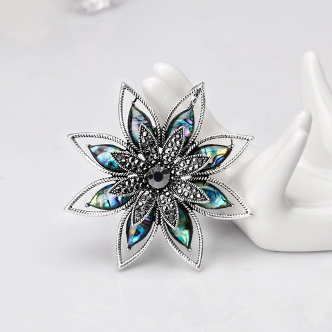 Broche Fleur en Coquille d'Abalone Vintage pour Femmes Alliage de Zinc Strass Ajouré Étoile à Huit Branches Bijoux Cadeau