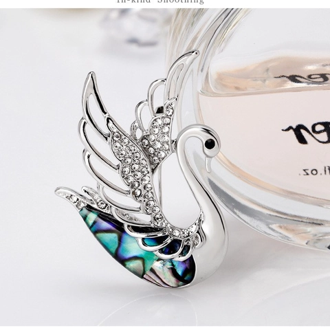 Elegante Broche de Cisne Con Incrustación de Concha de Abulón y Strass Plateado Aleación de Zinc Joyería para Mujer