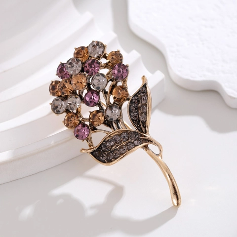 Vintage Gold Tone Alloy Rhinestone Flower Bouquet Brooch For Women Elegant Dandelion Pin Fashion Jewelry Accessories For Wedding Banquet