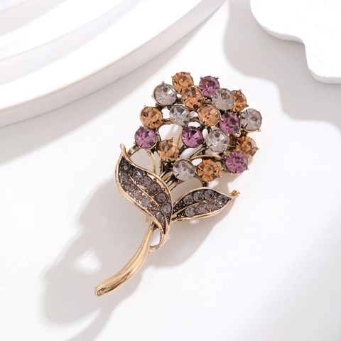 Vintage Gold Tone Alloy Rhinestone Flower Bouquet Brooch For Women Elegant Dandelion Pin Fashion Jewelry Accessories For Wedding Banquet