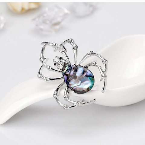 Vintage Luxury Silver Spider Brooch With Iridescent Shell And Rhinestone Fashion Insect Corsage Pin For Women Men Clothing Decor