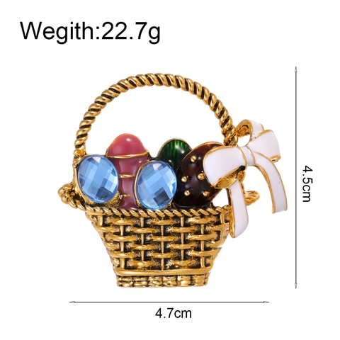 Vintage Zinc Alloy Easter Flower Basket Brooch White Enamel Bowknot Blue Rhinestone Badge Dress Accessories Women Jewelry