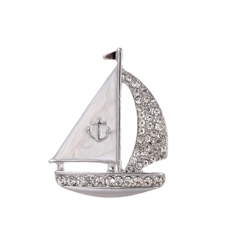 Silver Plated Alloy Sailboat Brooch For Women White Enamel Rhinestone Nautical Anchor Pin Elegant Lapel Pin Jewelry Accessories
