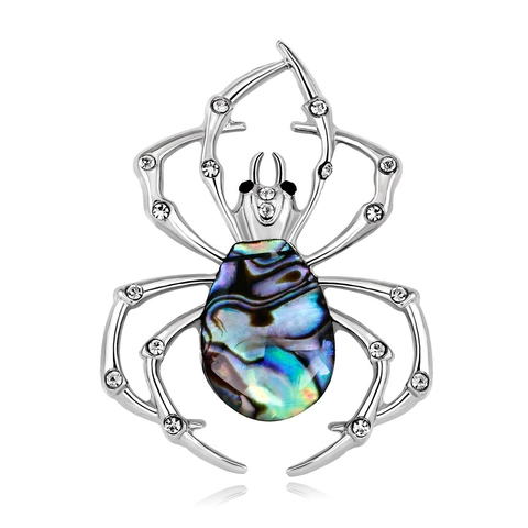 Vintage Alloy Abalone Shell Spider Brooch Pin For Women Silver Plated Rhinestone Animal Corsage Fashion Banquet Jewelry Gift