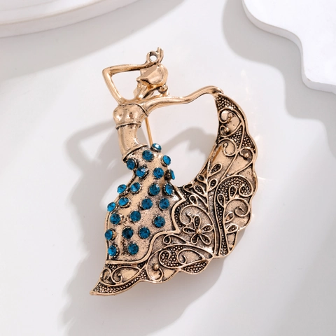 Vintage Ethnic Style Dancing Girl Brooch Alloy Blue Rhinestone Dancing Girl Pin Badge Fashion Apparel Accessories For Women