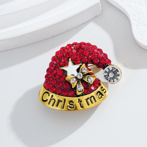 Legierung Strass Weihnachtsmütze Brosche Für Damen Festlich Rot Emaille Pin Mit Christmas Beschriftung Vergoldeter Schmuck