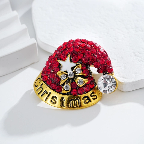 Legierung Strass Weihnachtsmütze Brosche Für Damen Festlich Rot Emaille Pin Mit Christmas Beschriftung Vergoldeter Schmuck
