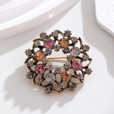 Luxus Vintage Legierung Strass Blume Girlande Brosche Mehrfarbige Kristall Hohl Runde Korsage Anstecknadel Für Damen Hochzeit Bankett Schmuck