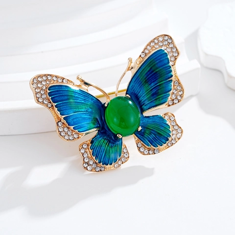 Luxe Legering Emaille Vlinder Brosche Voor Vrouwen Goud Blauw Groen Strass Ingelegd Dier Pak Jas Brosche Speld Sieraden