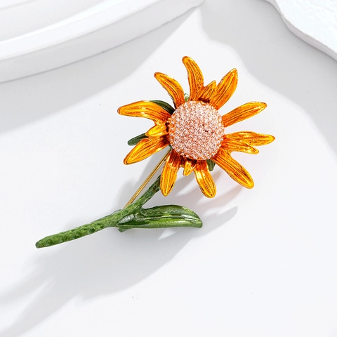 Vintage Sunflower Alloy Brooch For Women Men Enamel Floral Pin Rhinestone Inlaid Corsage Accessory Gift For Clothing Decoration