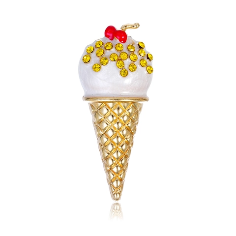 Simpatica Spilla a Forma di Cono Gelato in Lega di Zinco Smalto a Goccia Ciliegia Strass Decorazione Abbigliamento Unisex