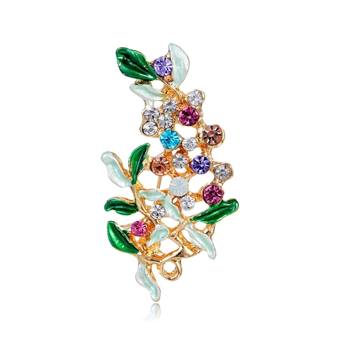 Elegant Colorful Rhinestone Flower Leaf Brooch For Women Zinc Alloy Enamel Floral Boutonniere Pin For Coat Dress Jewelry