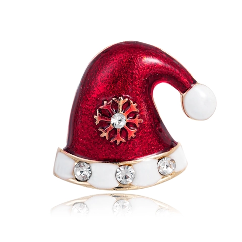 Spilla Cappello di Natale per Donna in Lega di Zinco Smalto Rosso Motivo Fiocco di Neve Strass Intarsiato Gioielli Regalo Natalizio