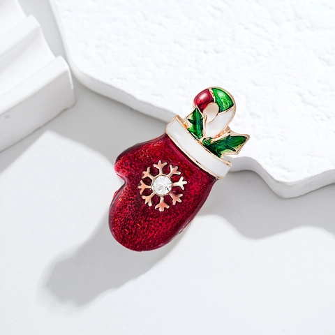 Christmas Glove Brooch Pin For Women Kids Enamel Zinc Alloy Rhinestone Snowflake Candy Cane Holly Leaf Festive Jewelry Gift