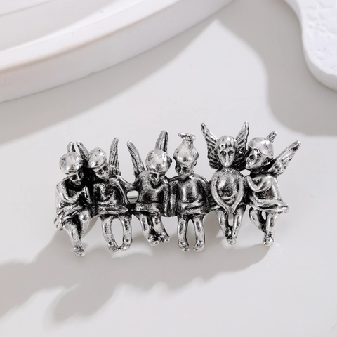 Vintage Alloy Angel Cherub Group Brooch Pin Antique Gold Silver Relief Style Decorative Jewelry For Women Suit Coat